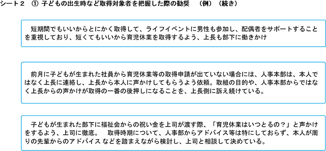 シート２ ①子どもの出生時など取得対象者を把握した際の勧奨（例）（続き）