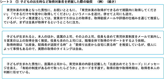 シート３ ①子どもの出生時など取得対象者を把握した際の勧奨（例）（続き）