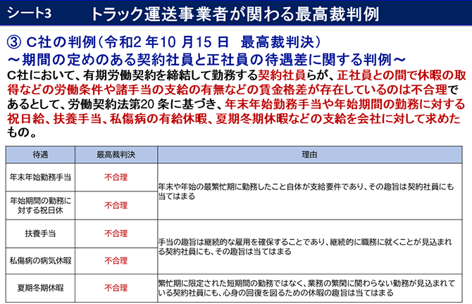 シート3　トラック運送事業者が関わる最高裁判例 ③C社の判例（令和2年10月15日最高裁判決）～期間の定めのある契約社員と正社員の待遇差に関する判例～