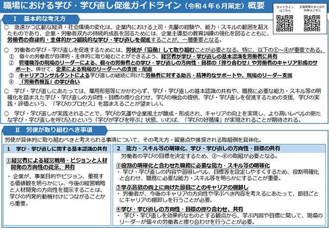 職場における学び・学び直し促進ガイドライン（令和4年6月策定）概要 1枚目（詳細は配布資料参照）