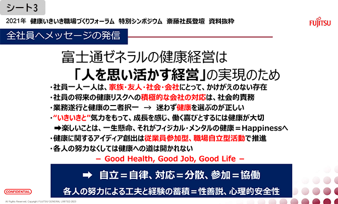 シート3　全社員へのメッセージの発信

富士通ゼネラルの健康経営は「人を思い活かす経営」の実現のため