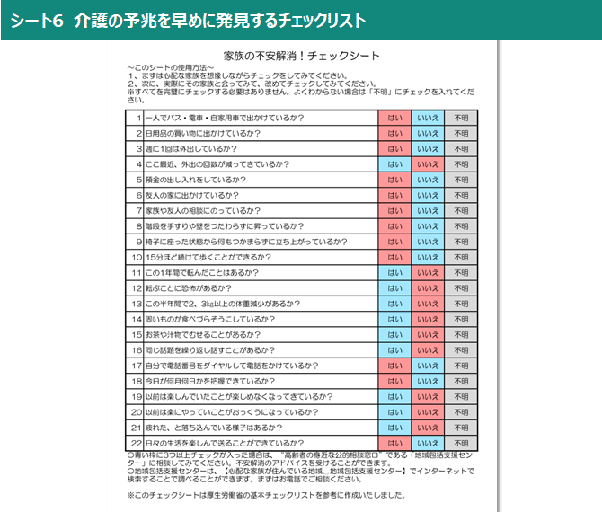 シート6　介護の予兆を早めに発見するチェックリスト（見本写真）