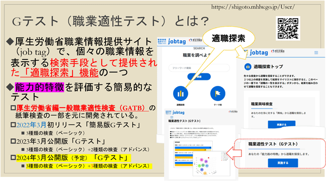 Gテスト（職業適性テスト）とは？
解説と画面例。詳細は配布資料参照。