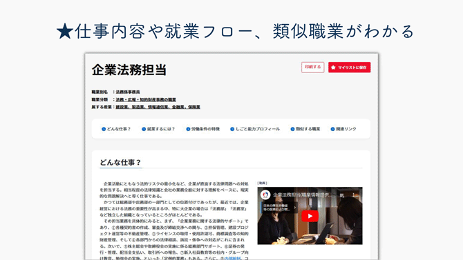 ★仕事内容や就業フロー、類似職業がわかる（表示画面の画像）