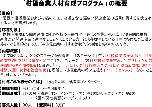 ｢柑橘産業人材育成プログラム」の概要
【目的】
愛媛の柑橘農業および柑橘の加工，流通を含む幅広い関連産業の振興に資する能力を有する人材を育成します。
【応募対象】
柑橘産業および関連産業に関心を持つ一般社会人を広く募集。例えば，1)将来的に柑橘産業及び関連産業に従事することを志している方，2)現在従事している仕事に役にたつ知識を得ることを目的とする方，3)柑橘産業に対する教養的な知識を高めたい方など。
【内容概要】
本プログラムは，３つのステージから構成。「ステージⅠ」では「柑橘産業の全体像と，柑橘産業を取り巻く社会情勢と発展性」を，「ステージⅡ」では「柑橘産業を営み，発展させるための基礎的な科学的知識」を習得，「ステージⅢ」では「柑橘産業の先端技術状況と就職・進学・経済支援に関わる社会制度」を理解し，柑橘産業の将来を担うイノベーション人材になることを目指していただきます。
【付与される称号の名称】「愛媛大学柑橘産業イノベーター」
【開講期間】令和5年8月～令和6年2月
【開講形式】2回の対面講義（オンライン・オンデマンド配信あり）＋オンデマンド配信+2回の現地実習（オンデマンドあり）
【募集人数】30人【受講料】3万円