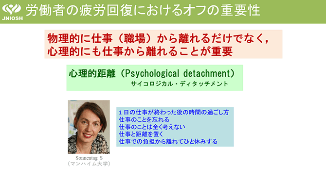 労働者の疲労回復におけるオフの重要性
物理的に仕事（職場）から離れるだけでなく，心理的にも仕事から離れることが重要
心理的距離（Psychological detachment）サイコロジカル・ディタッチメント
1日の仕事が終わった後の時間の過ごし方
仕事のことを忘れる
仕事のことは全く考えない
仕事と距離を置く
仕事での負担から離れてひと休みする
Sonnentag S（マンハイム大学）