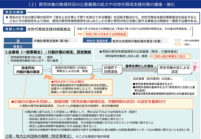 （２）育児休業の取得状況の公表義務の拡大や次世代育成支援対策の推進・強化