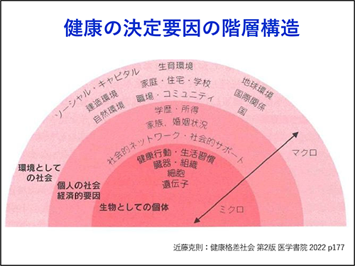 健康の決定要因の階層構造
近藤克則：健康格差社会 第2版 医学書院 2022 p177