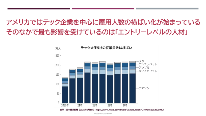 アメリカではテック企業を中心に雇用人数の横ばい化が始まっている
そのなかで最も影響を受けているのは「エントリーレベルの人材」
