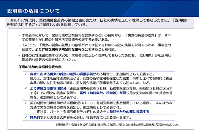 説明欄の活用について
令和4年7月以降、男女間賃金差異の情報公表にあたり、自社の実情を正しく理解してもらうために、『説明欄』を有効活用することが望ましい旨を周知している。