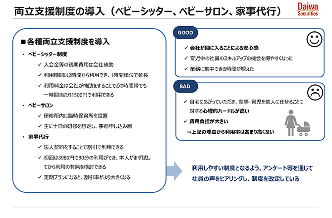 両立支援制度の導入（ベビーシッター、ベビーサロン、家事代行）