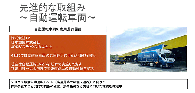 先進的な取組み～自動運転車両～
自動運転車両の商用運行開始
株式会社T2 日本郵便株式会社 JPロジスティクス株式会社 4社にて自動運転車両の共同運行による商用運行開始
現在は自動運転LV2（有人）にて実施しており神奈川県～大阪府まで高速道路上の自動運転を実施
2027年度自動運転LV4（高速道路での無人運行）に向けて株式会社T2と共同で技術の確立、法令整備など実現に向けた活動を推進中