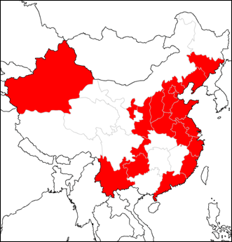 図1：2011年に最低賃金を引き上げた地区（赤色）出所：人的資源社会保障部