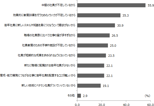 図表2画像：IT技術者の育成・能力開発がうまくいっていないと評価する企業の半数以上は、中堅社員が不足していることを理由として挙げている。