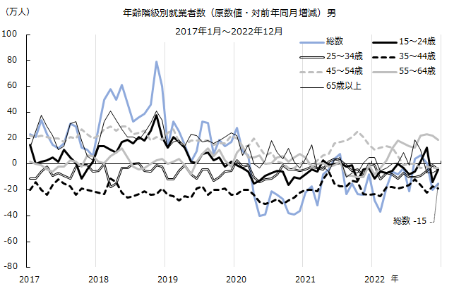 図：年齢階級別就業者数（原数値・対前年同月増減）男