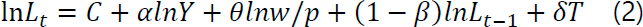 lnL_t=C+αlnY+θlnw/p+(1-β) 〖lnL〗_(t-1)+δT  (2)